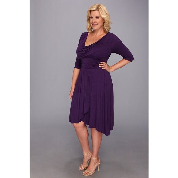 Kiyonna Dress Purple Draped In Class Cowl Neck Tulip Hem Empire Waist Size 10-12 - Picture 3 of 9
